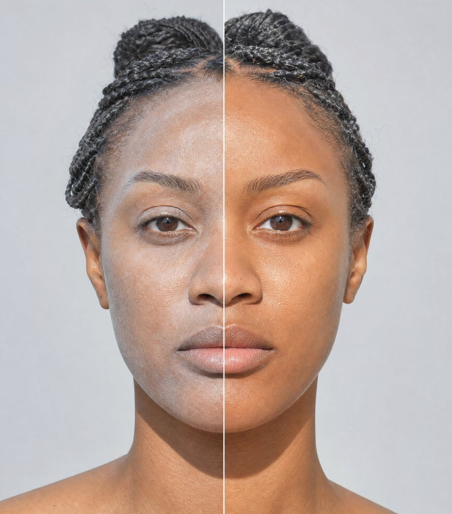 Split face: regular sunscreen leaves a gray cast on the left; Glow Screen goes on clear on the right
